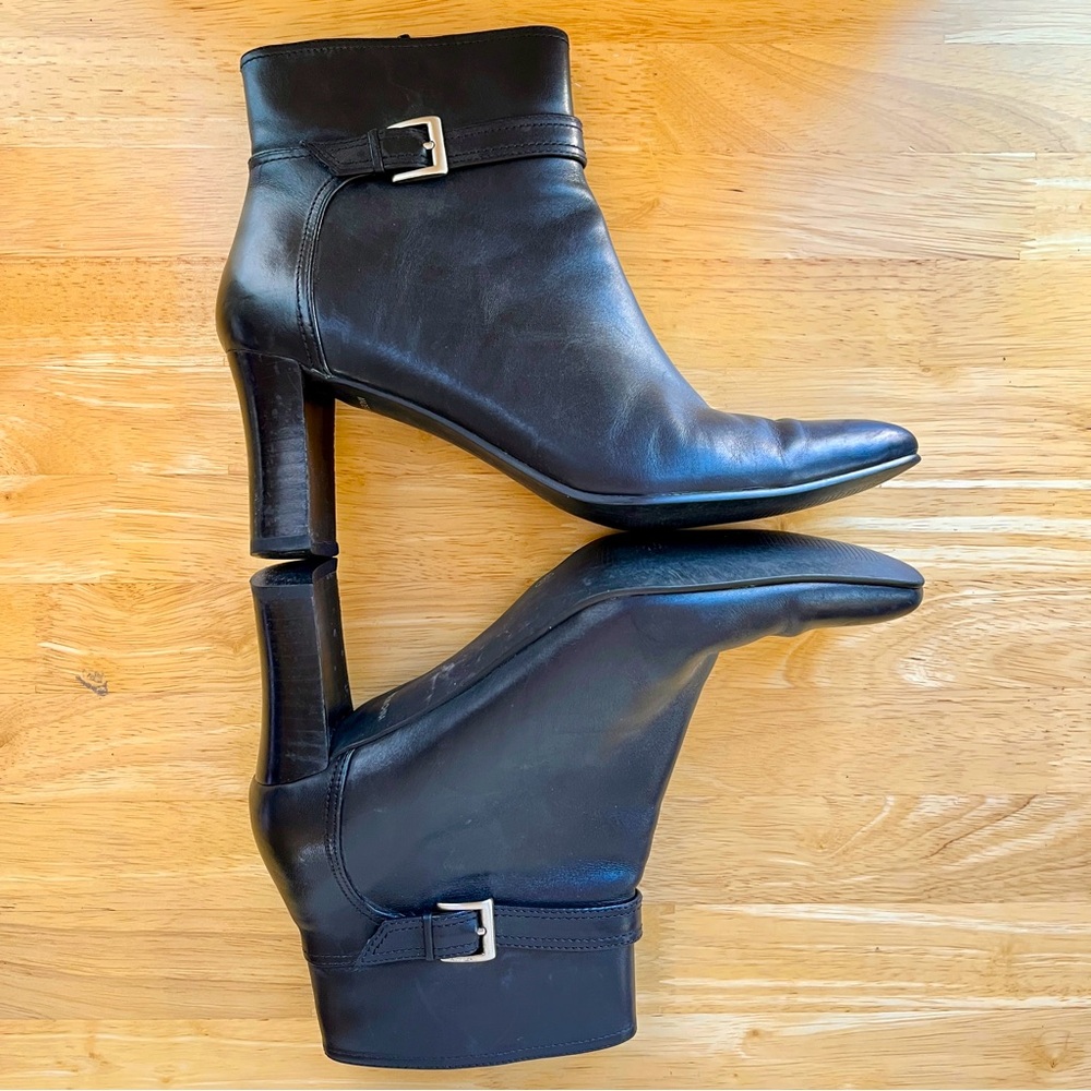 Women’s Black Leather Ankle Boots - 3” heels. Zip sides with buckle accent.